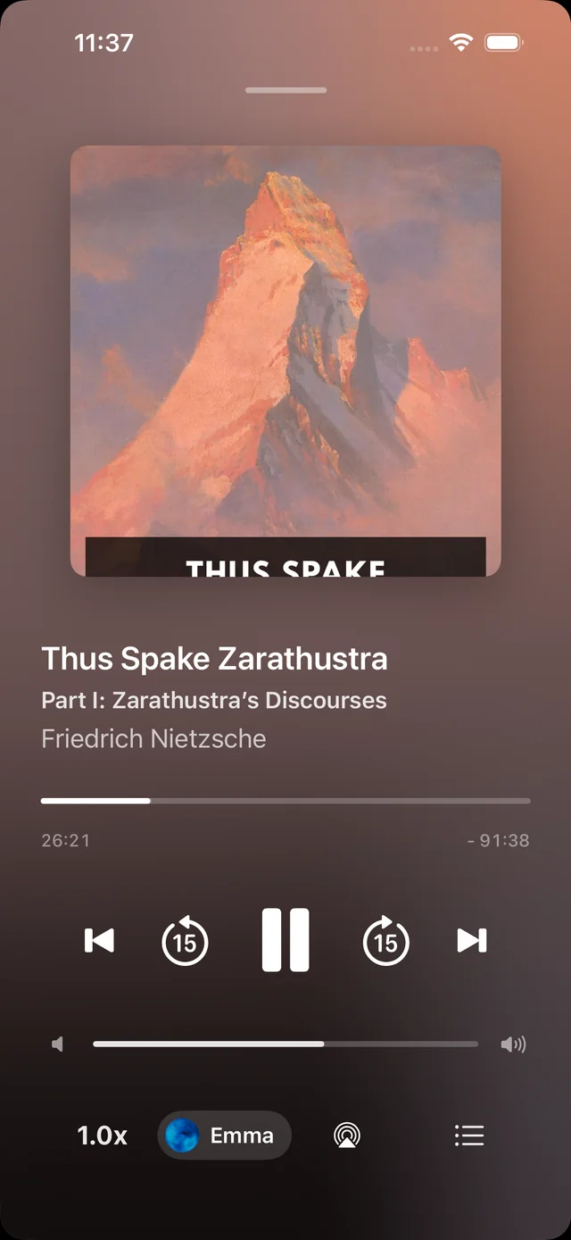 CocoReader player on iPhone playing Thus Spake Zarathustra by Friedrich Nietzsche, with the chapter title, progress bar, play controls, 1.0x speed and the selected voice